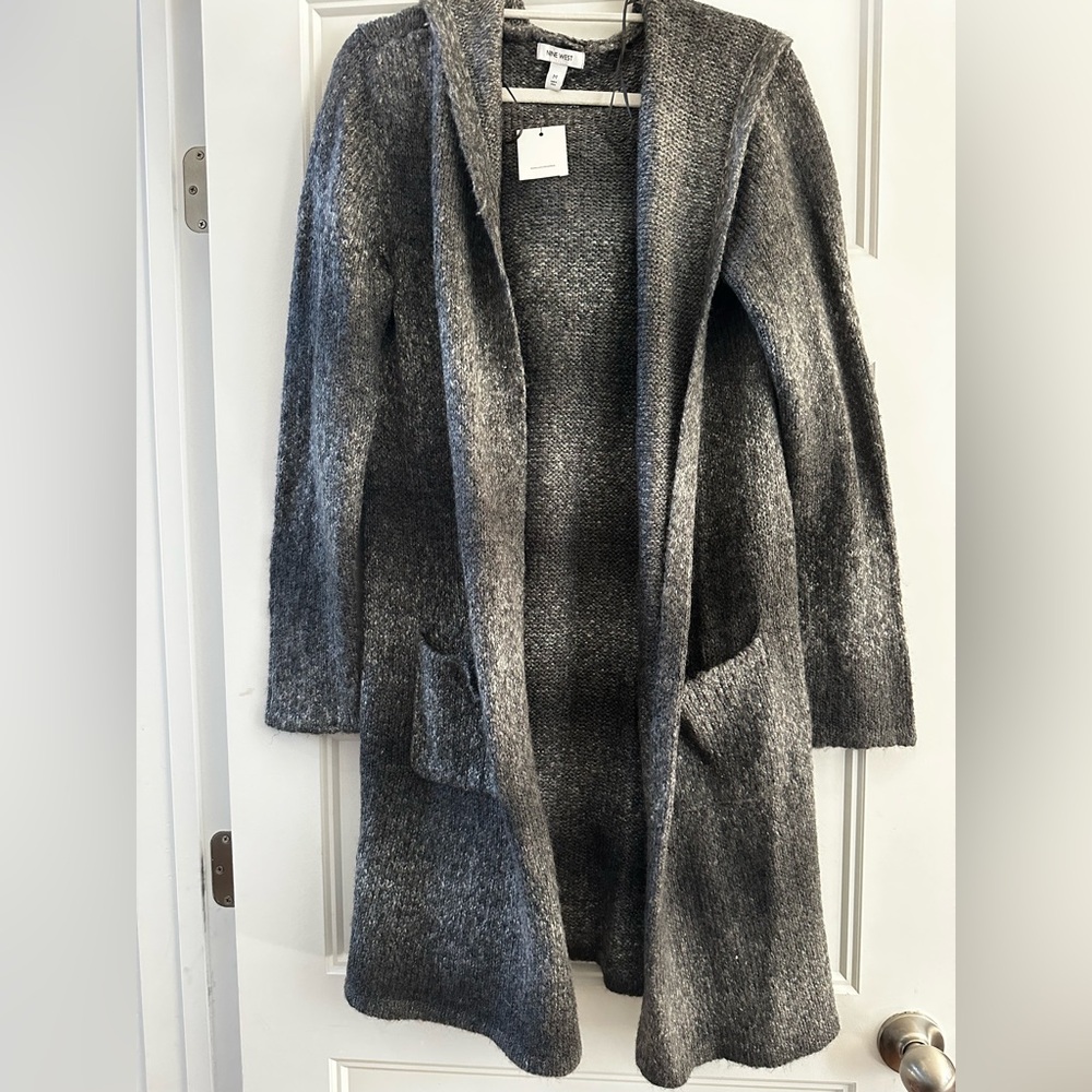 NWT Nine West Hooded Long Open Front Cardigan Grey Ombré Sweater
